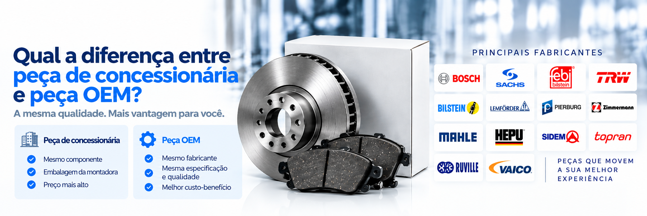 Via Europa Experience - Principais fabricantes: Bosch, Sachs, Febi, TRW, Bilstein, Lemforder, Pierburg, Zimmermann, Mahle, Hepu, Sidem, Topran, Ruville, Vaico
